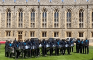 A screengrab from the Facebook page of the Trinidad and Tobago Defence Force of the steelband playing on the grounds of Windsor Castle