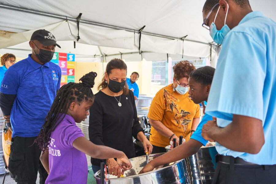 From left PC Maurice Edwards, Leader of the Beetham Gardens Police Youth Club; Cheryl Hernandez, Foundation Support Officer, Managing Director’s Office, Scotiabank; Rotarian Susan Philip, Chairperson of the Steel Band Committee; and Khari Codrington of The Codrington Family Institute, tutor and arranger.