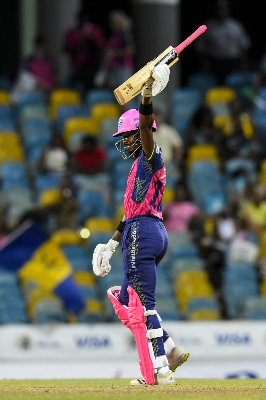 Alick Athanaze of Barbados Royals celebrates his half century. Photo: CPL T20 via Getty Images