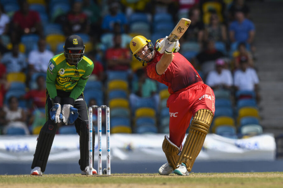BRIDGETOWN, BARBADOS - SEPTEMBER 3: Martin Guptill (R) of Trinbago Knight Riders hits 4 and Sharmarh Brooks (L) of Jamaica Tallawahs watch during the Men's 2023 Republic Bank Caribbean Premier League match 17 between Jamaica Tallawahs and Trinbago Knight Riders at Kensington Oval on September 3, 2023 in Bridgetown, Barbados. (Photo by Randy Brooks/CPL T20 via Getty Images)