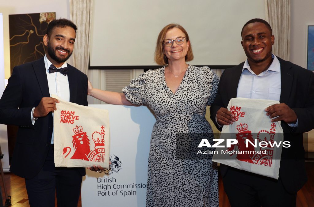 British Deputy High Commissioner Victoria White, centre, with Chevening scholarship awardees Reyad Mohammed, left, and Nestor Garcia 