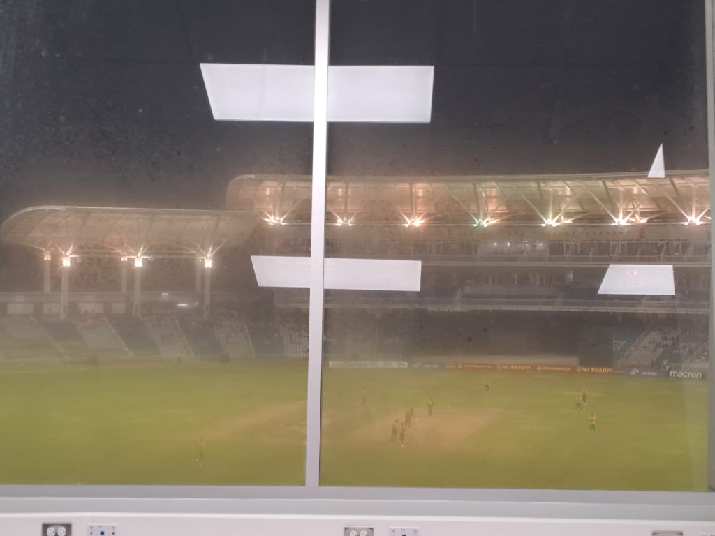 Caption: The viewing glass in the media wing fogged up during a game between West Indies and South Africa in August. AZP News/Prior Beharry