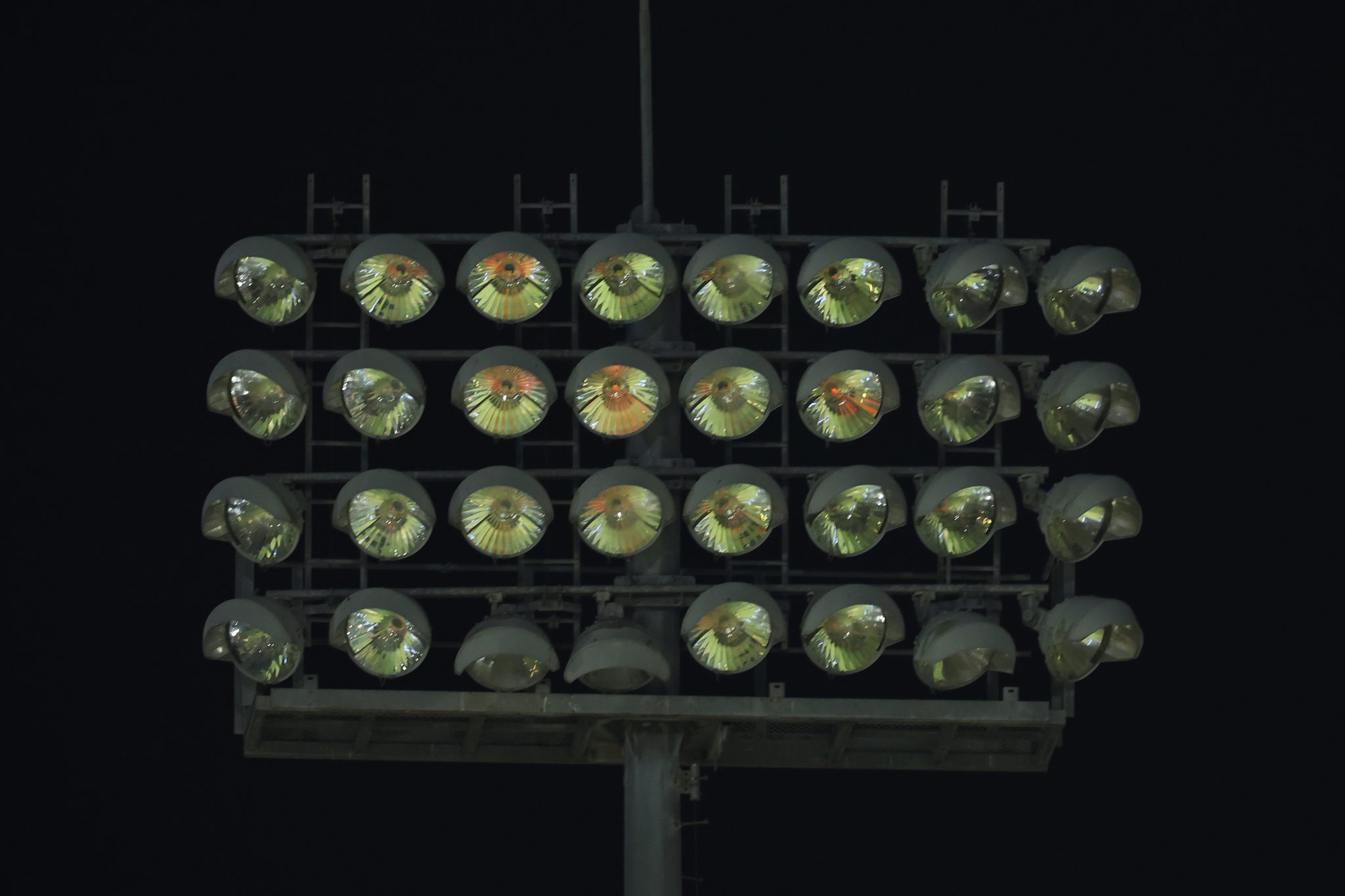 GEORGETOWN, GUYANA - OCTOBER 01: An noperable flood light causes a delay in play during the Men's 2024 Republic Bank Caribbean Premier League eliminator match between Trinbago Knight Riders and Barbados Royals at Providence Stadium on October 01, 2024 in Georgetown, Guyana. (Photo by Ashley Allen - CPL T20/CPL T20 via Getty Images)