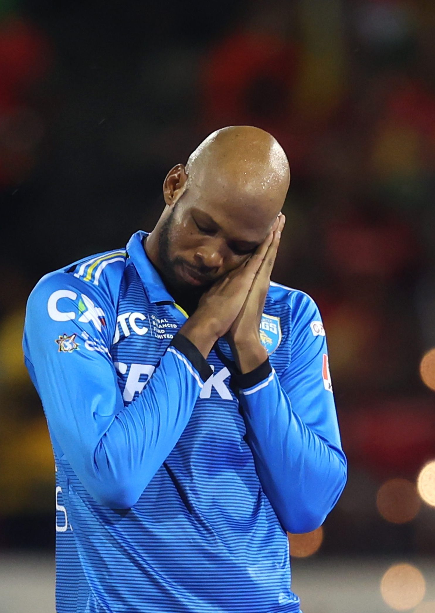 GEORGETOWN, GUYANA - OCTOBER 02: Roston Chase of St Lucia Kings celebrates getting the wicket of Shai Hope of Guyana Amazon Warriors during the Men's 2024 Republic Bank Caribbean Premier League Qualifier 1st v 2nd match between Guyana Amazon Warriors and Saint Lucia Kings at Providence Stadium on October 02, 2024 in Georgetown, Guyana. (Photo by Ashley Allen - CPL T20/CPL T20 via Getty Images)