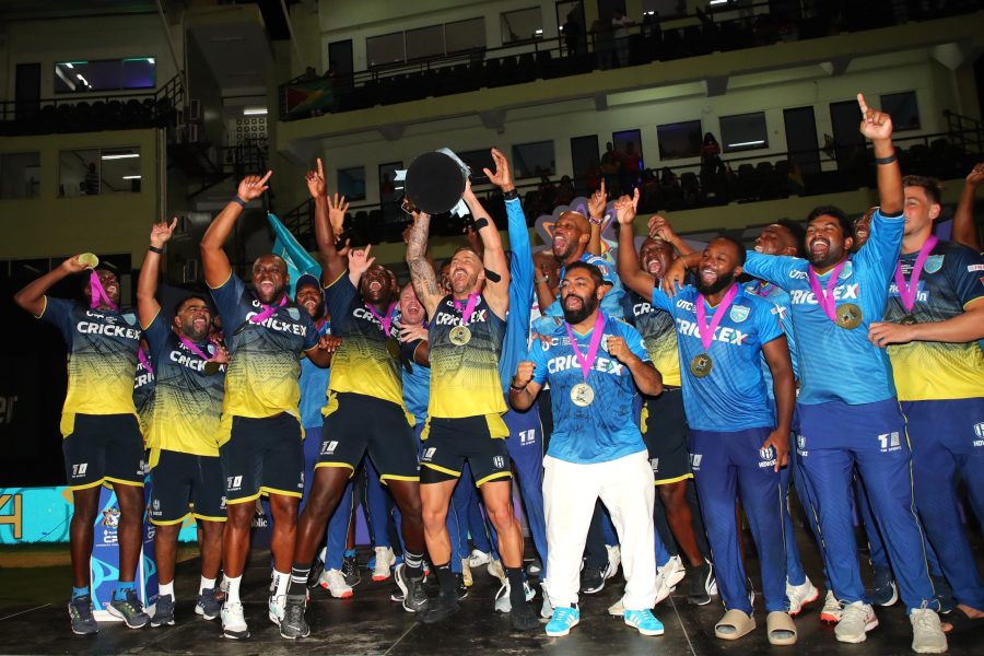 St Lucia Kings celebrate being CPL 2024 champions at the Guyana National Stadium in Providence. This is the same venue that will host the Global Super League. Photo: CPL via Getty Images