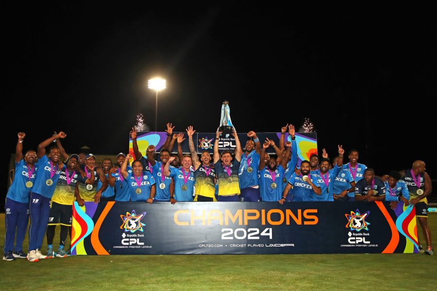 GEORGETOWN, GUYANA - OCTOBER 06: St.Lucia Kings players pose for a photo after winning the Men's 2024 Republic Bank Caribbean Premier League Final match between Saint Lucia Kings and Guyana Amazon Warriors at Providence Stadium on October 06, 2024 in Georgetown, Guyana. (Photo by Ashley Allen - CPL T20/CPL T20 via Getty Images)