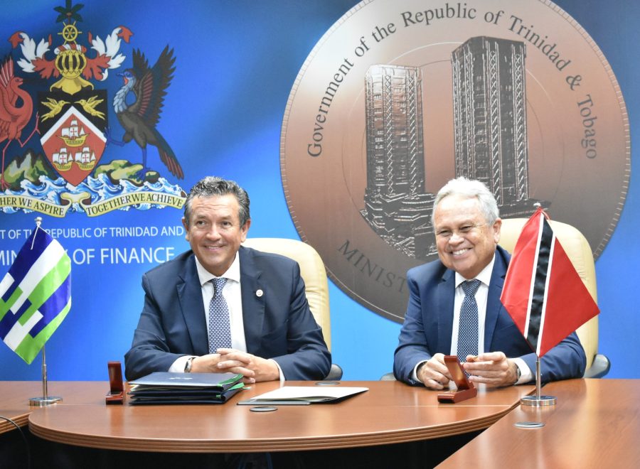 Minister of Finance Colm Imbert, right with CAF’s Director Representative for T&T Bernardo Requena. Photo: Ministry of Finance