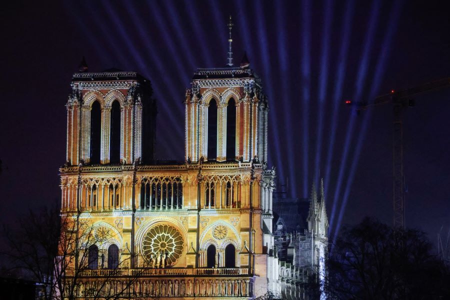 Caption: This photograph shows video mapping on the facade of Notre-Dame de Paris cathedral a few days before its reopening after reconstruction following the fire on April 15, 2019 when it was devastated, in Paris on December 5, 2024. Photo: AFP/Ludovic Marin