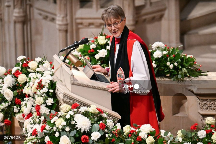 Caption: Bishop Rt Rev Mariann Edgar Budde speaks during the National Prayer Service at the Washington National Cathedral in Washington, DC, on January 21, 2025. AFP/Jim Watson