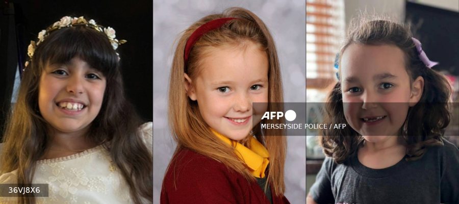 This combination of file pictures shows handout pictures released by Merseyside Police in London on July 30, 2024, of nine-year-old Alice Dasilva Aguiar, left, seven-year-old Elsie Dot Stancombe, and six-year-old Bebe King.