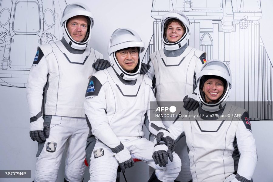 Caption: From left to right, mission specialist and medical officer Eric Philips, mission commander Chun Wang, pilot Rabea Rogge and vehicle commander Jannicke Mikkelsen on March 19, 2025 in Hawthorne, California. SpaceX is set on March 31, 2025 to launch the first ever human spaceflight over the Earth's polar regions, a privately funded mission dubbed "Fram2" that will carry four astronauts in orbit for roughly four days. Photo by Handout/Courtesy of Fram2/SpaceX/AFP