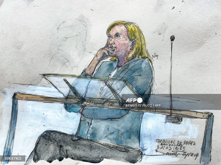 This court sketch created on March 31, 2025, shows President of the French far-right Rassemblement National (RN) parliamentary group, Marine Le Pen, attending the verdict and sentencing in her and co-defendant's trial on charges of embezzlement of European public funds, at the Tribunal de Paris courthouse in Paris, on March 31, 2025. Le Pen, who was sentenced to a five-year ban on running for office with immediate effect and throwing into doubt her bid to stand for president in 2027, will appeal, her lawyer said. She was also given a four-year prison term but will not go to jail, with two years of the term suspended and the other two to be served outside jail with an electronic bracelet, the court ruled. Including 56-year-old Le Pen, nine figures from her Rassemblement National party were convicted over a scheme where they took advantage of European Parliament expenses to employ assistants who were actually working for the party. (Photo by Benoit PEYRUCQ / AFP)