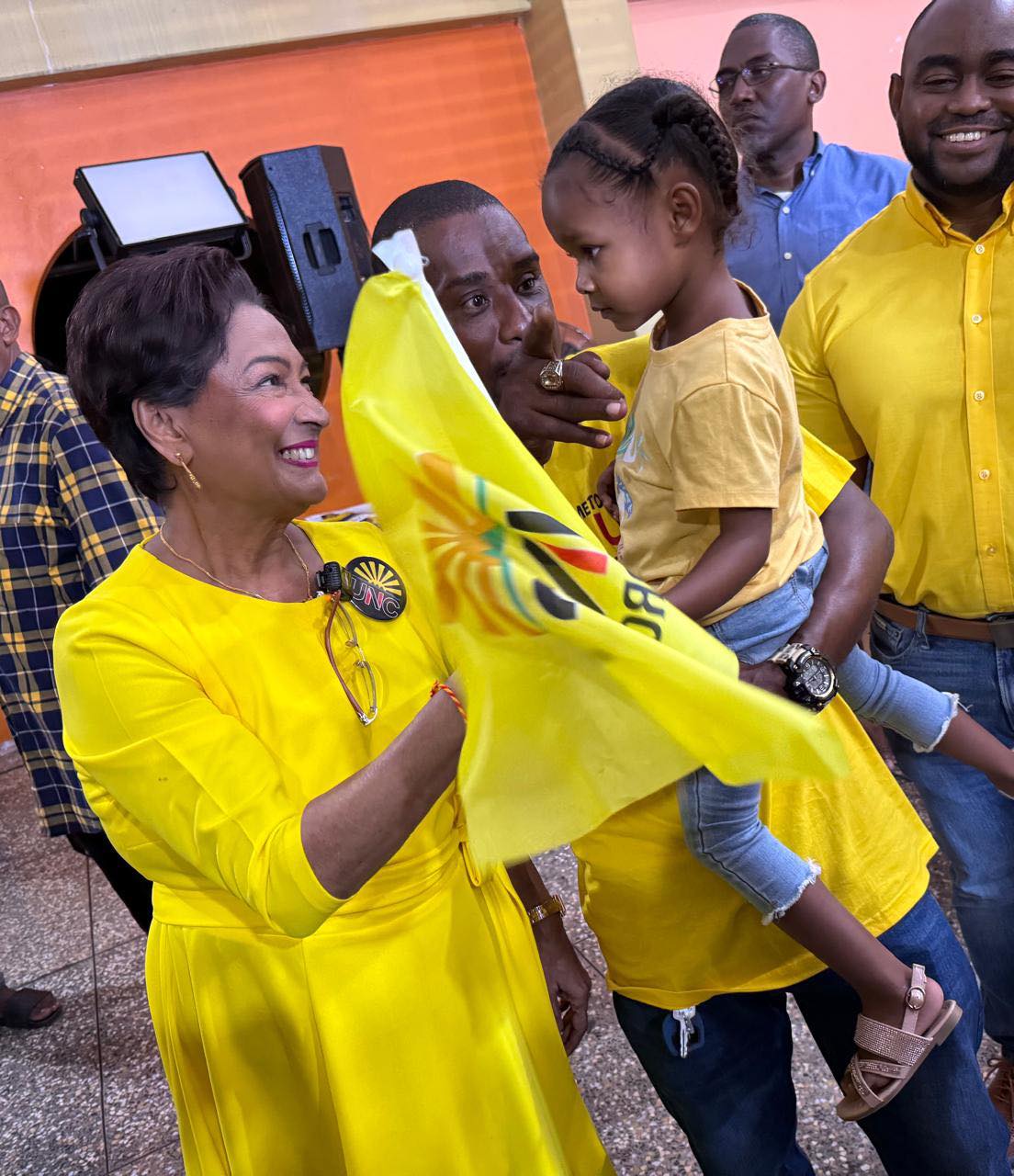 UNC leader Kamla Persad-Bissessar at the St Mary's Government Primary School, Moruga with supporters on Monday. Photo: UNC