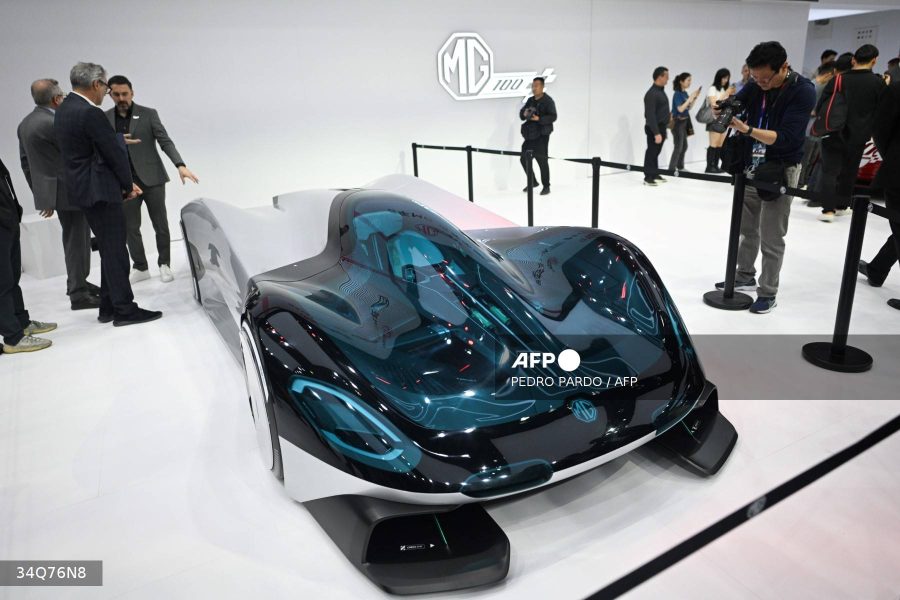Caption: A MG EXE181 electric sports car is displayed at the Beijing Auto Show on April 25, 2024. AFP/Pedro Pardo