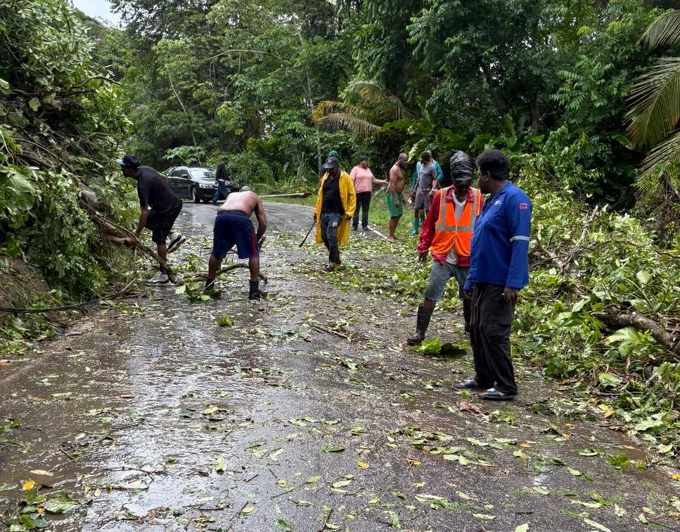 Caption: Clearing the roads near Damien Bay on Tuesday Photo: Ministry of Works and Infrastructure Facebook page 