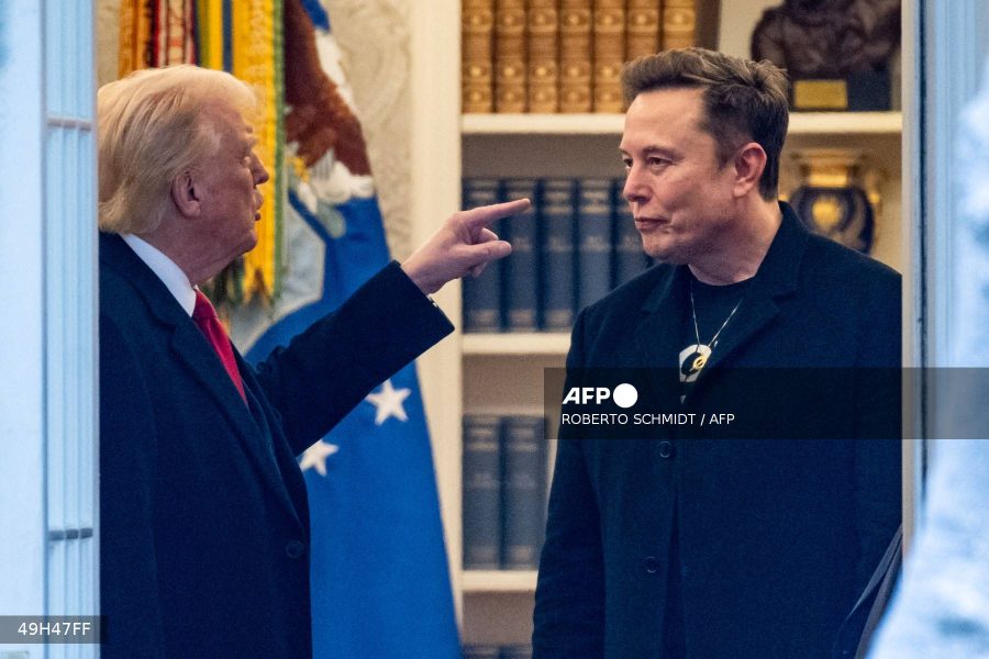 US President Donald Trump and Elon Musk, right, speak in the Oval Office before departing the White House in Washington, DC, on the way to Trump's residence at Mar-a-Lago in Palm Beach, Florida on March 14, 2025