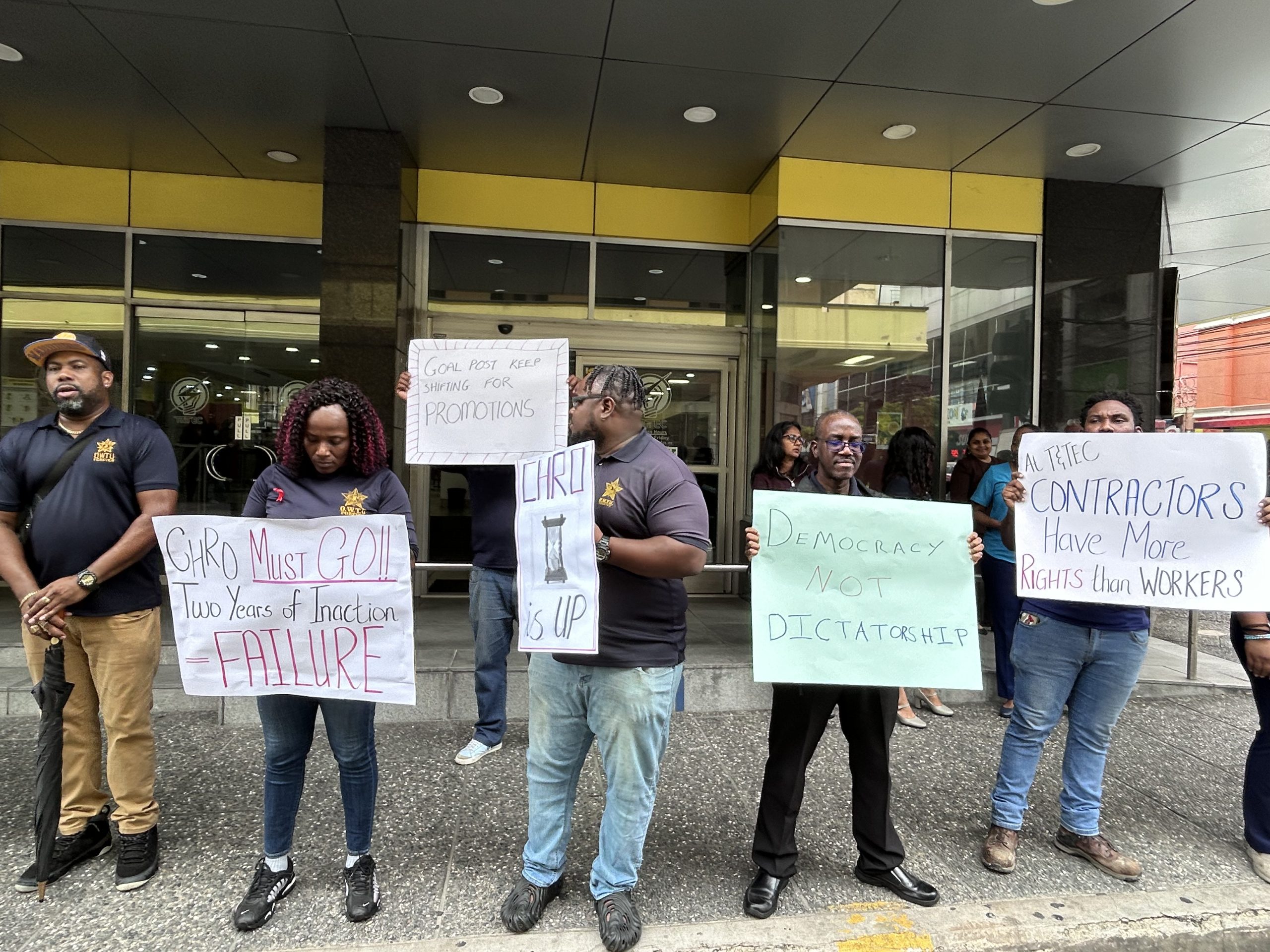 Caption: Members of the OWTU held a demonstration on Wednesday