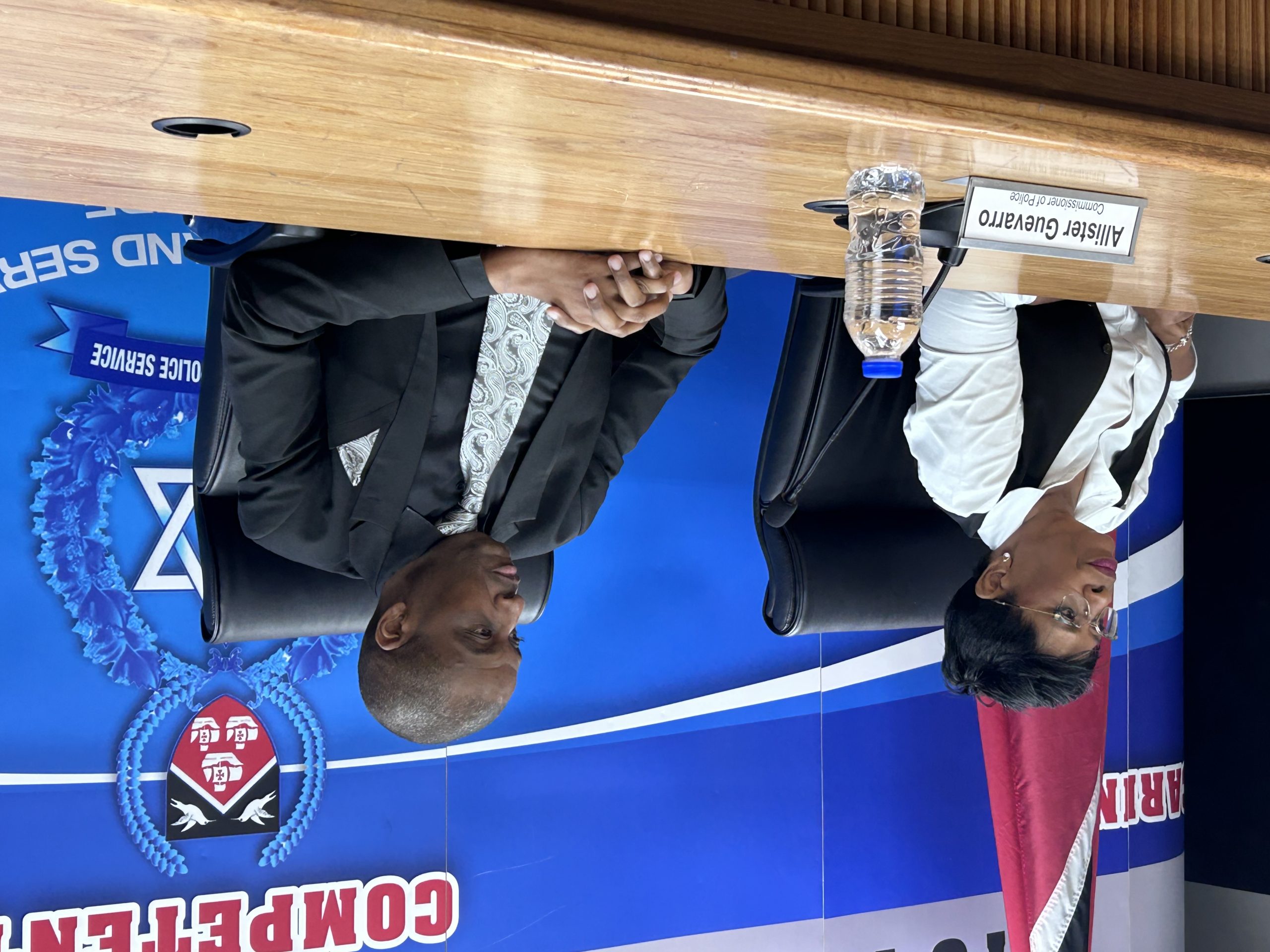 Caption: TTPS Head of Corporate Communications Joanne Archie and Police Commissioner Allister Guevarro at a press conference on Monday at the Police Administration Building, Corner of Edward and Sackville Streets, Port of Spain. AZP News/Alicia Chamely