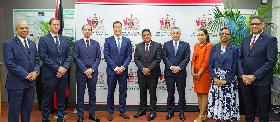 From left to right: Mr. Allan Russell, Business Advisor; Mr. Stephane Barc, General Manager (Incoming); Mr. Gregoire de Courcelles , General Manager; Mr. Francois Perrodo, Chairman; Dr. The Honourable Roodal Moonilal, Minister of Energy and Energy Industries; Mr. Armel Simondin, Group Chief Executive Officer; Ms. Karinsa Tulsie, Permanent Secretary (Ag.) Ministry of Energy and Energy Industries; Ms. Penelope Bradshaw-Niles, Permanent Secretary Ministry of Energy and Energy Industries; Mr. Stephen Awah, Administrative Manager.