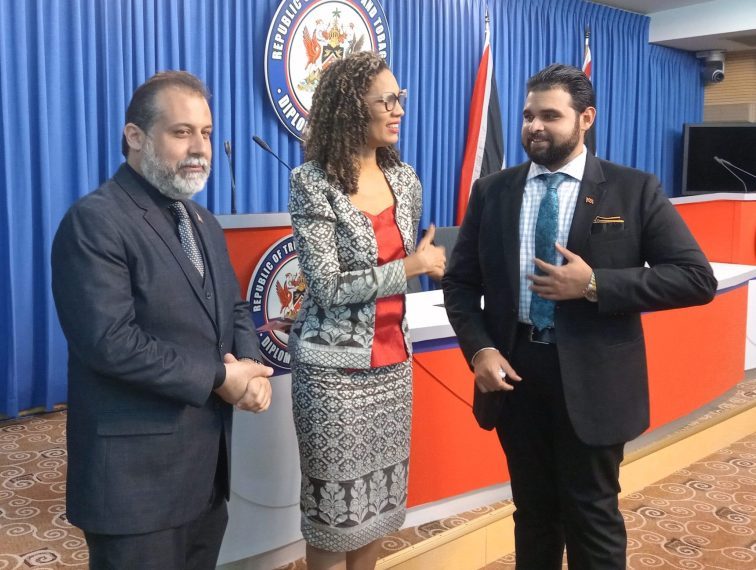 Minister of Transport and Civil Aviation Eli Zakour, Rural Development and Local Government Khadijah Ameen and Parliamentary Secretary in the Office of the Prime Minister Nicholas Morris at the post-cabinet press conference on Thursday. AZP News/Prior Beharry