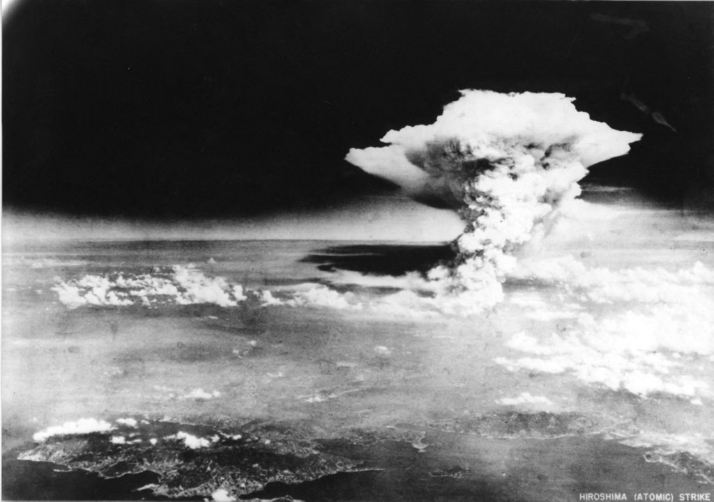 This handout picture taken on August 6, 1945 by US Army and released from Hiroshima Peace Memorial Museum shows a mushroom cloud of the atomic bomb dropped by B-29 bomber Enola Gay over the city of Hiroshima. Photo via AFP
