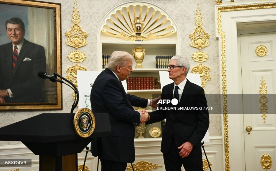 Caption: US President Donald Trump shakes hands with Apple CEO Tim Cook in the Oval Office of the White House in Washington, DC.