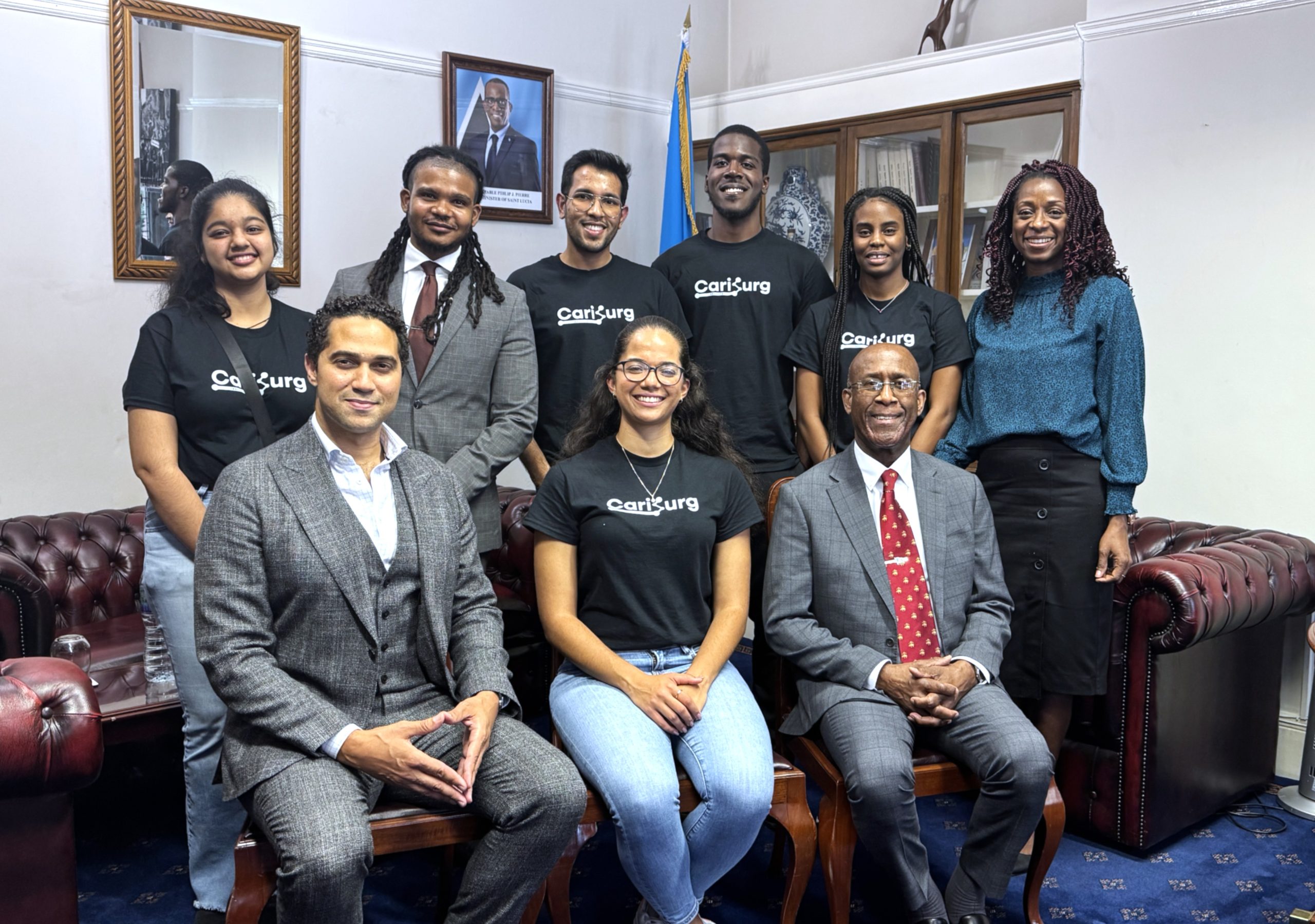 Caption: UWI students participating in the CariSurg exchange programme at the University of Leeds, UK, pose with the St Lucian High Commissioner to the UK Anthony B Severin, below right. Also in photo from top left are Nehal Wadhwani, Yenver Caezar, Justin Sooknanan, Abishua Johnson, Samiya Allen, Angela St Denis. And from below left are Dr Jonathon Noël, D. Nikita Greenidge. Photo: Dr Nikita Greenidge