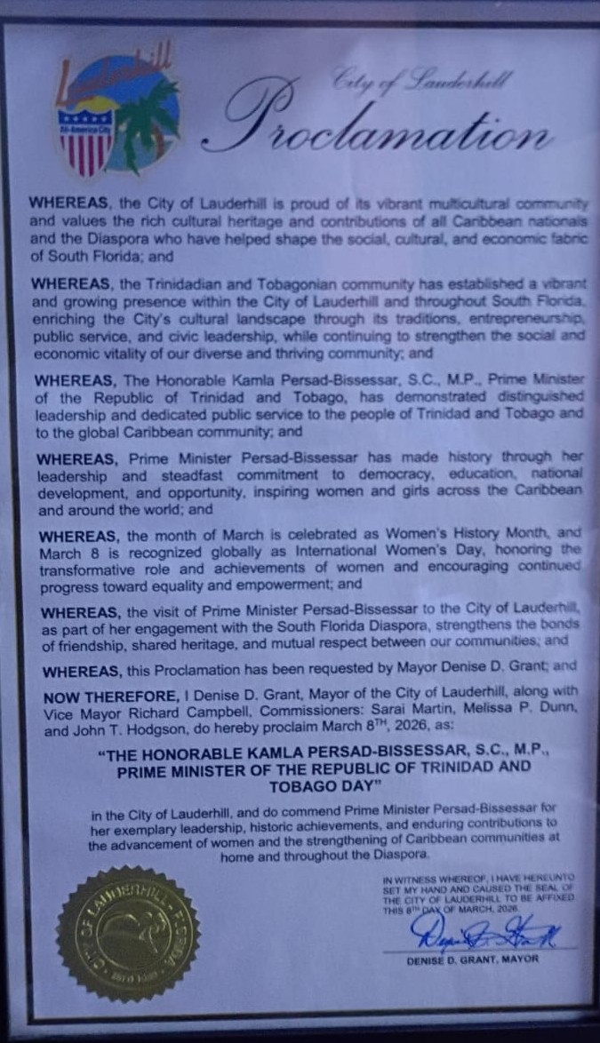 Proclamation declaring March 8, 2026 Kamla Persad-Bissessar Day in Lauderhill, Florida