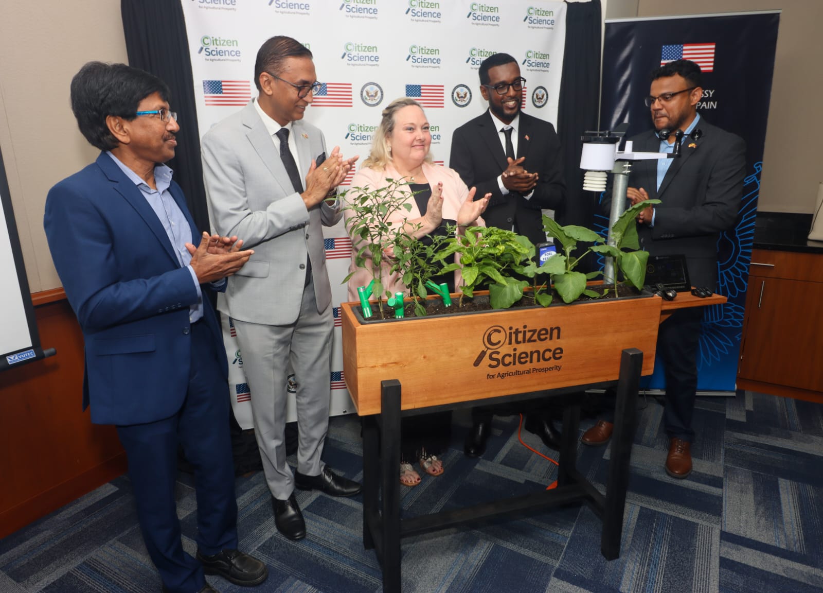Caption: Agriculture and Fisheries Minister Ravi Ratiram, second left, and US Chargé d’Affaires at the US Embassy in Trinidad and Tobago Dr Jenifer Neidhart de Ortiz, third left, at the launch of the Partners in Prosperity: A US-Caribbean Alumni Agriculture Alliance