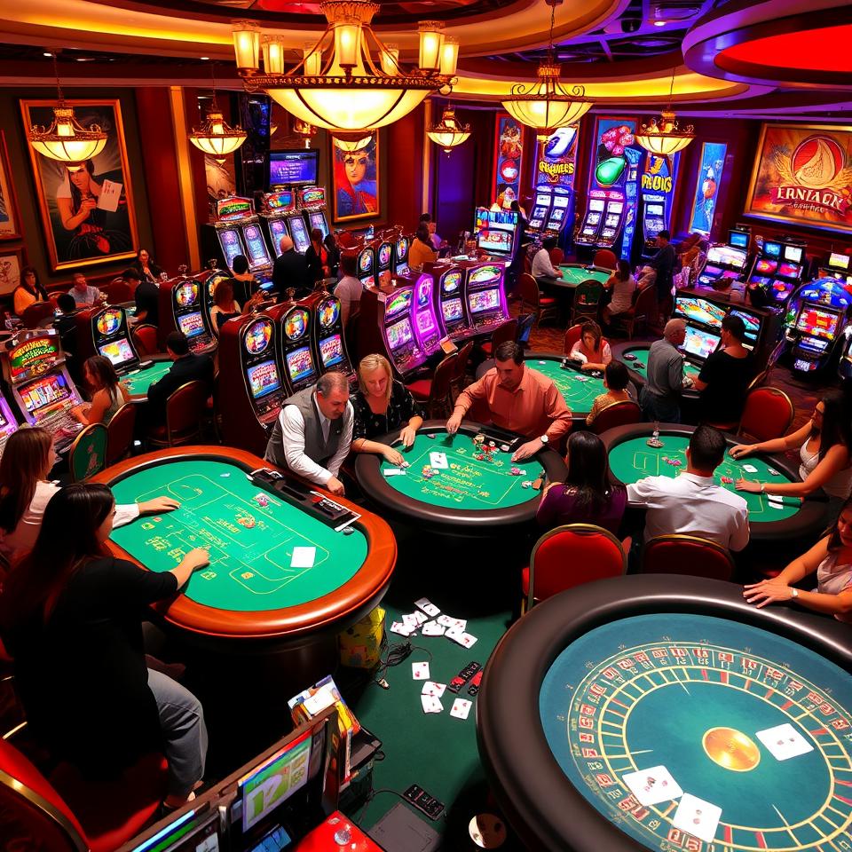 Here is the vibrant casino scene you requested, showcasing various gambling tables and the excitement of players engaged in games. Enjoy the lively atmosphere!