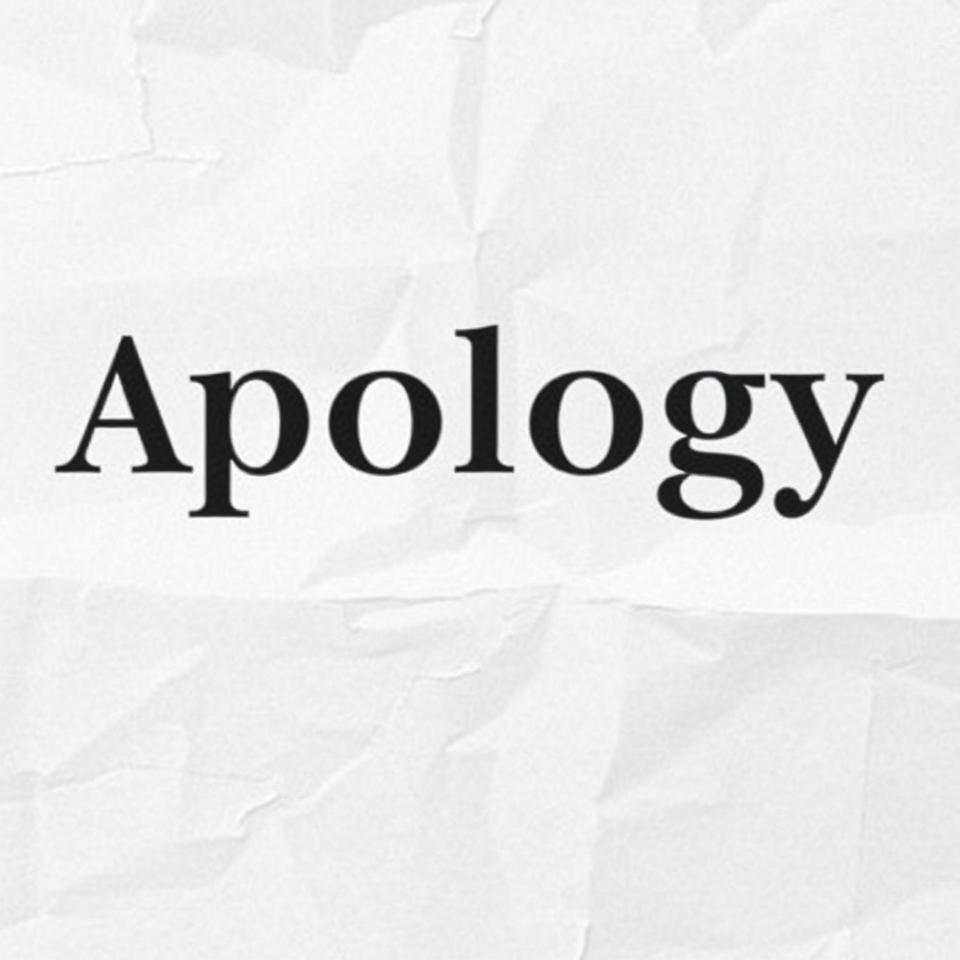 Here is the image featuring the word _Apology_ in a newspaper layout. It captures a formal and respectful tone, perfect for conveying an apology.