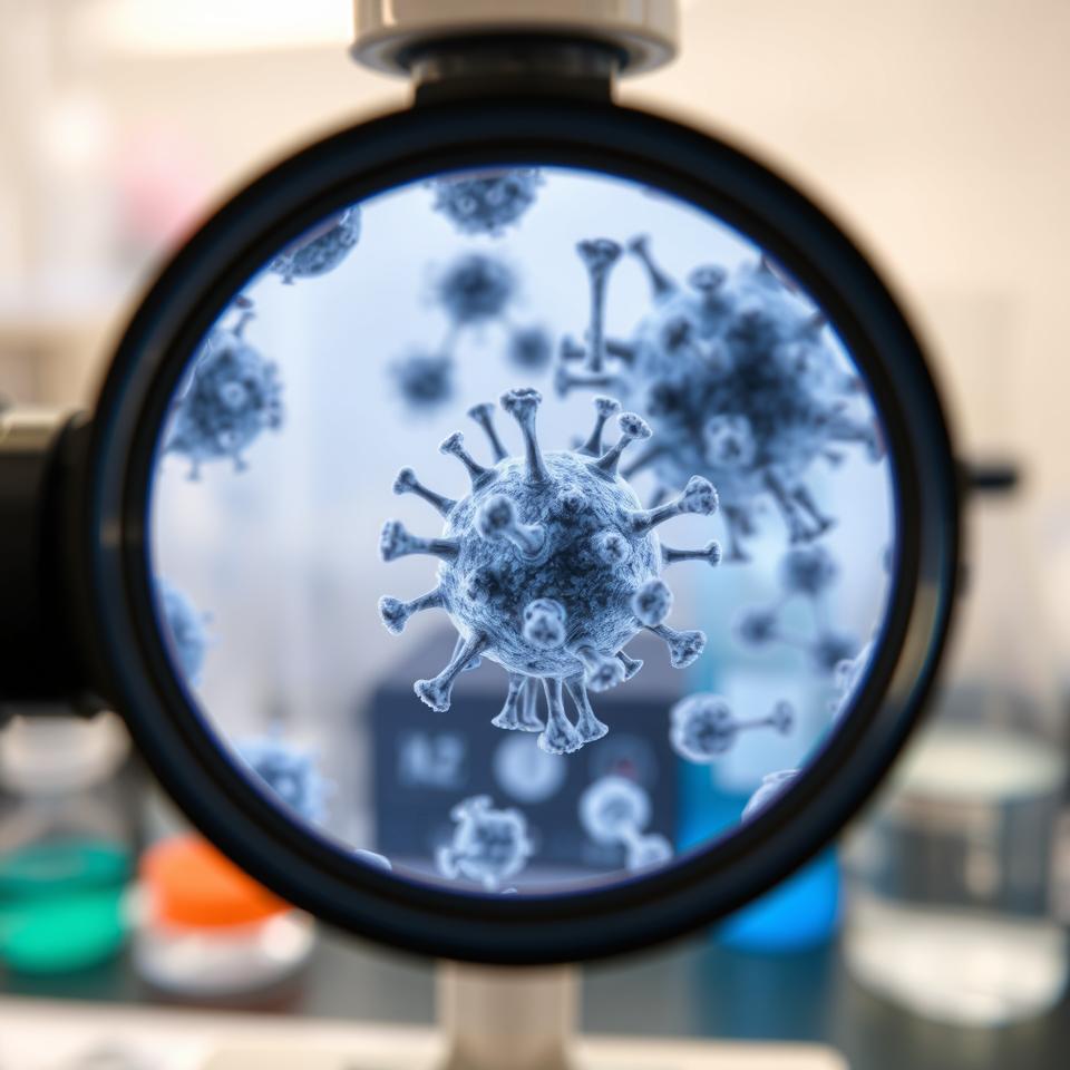Here is the image showing a close-up view through a microscope lens displaying chickenpox (varicella) virus particles. The details emphasize the structure of the virus in a laboratory setting.