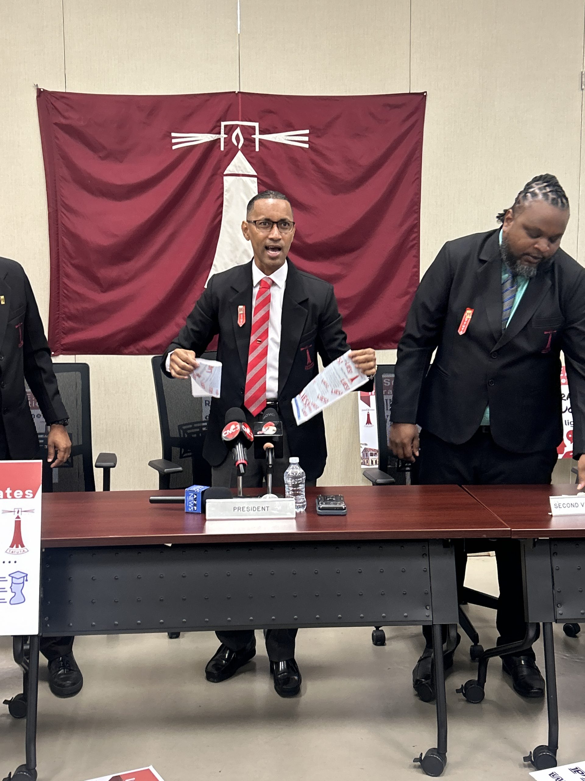 Caption: TTUTA President Crystal Asche rips a press release by the Education Ministry stating paying teachers is a priority. AZP News/Alicia Chamely