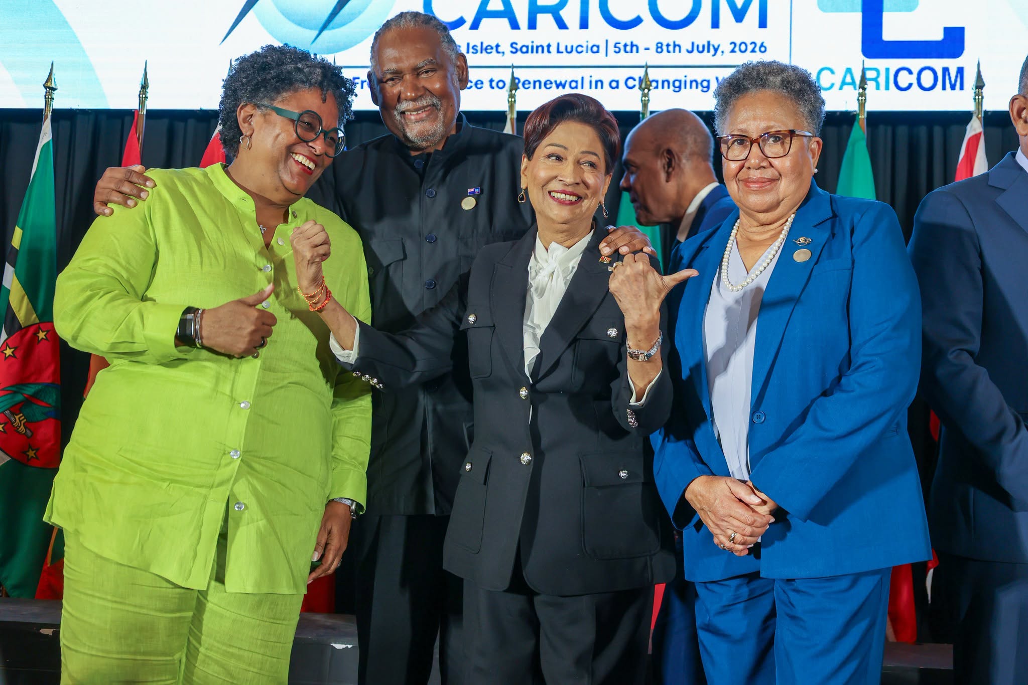 Caption: T&T Prime Minister Kamla Persad-Bissessar, centre, with Barbados Prime Minister Mia Mottley, left, and CARICOM Secretary-General Dr Carla Barnett