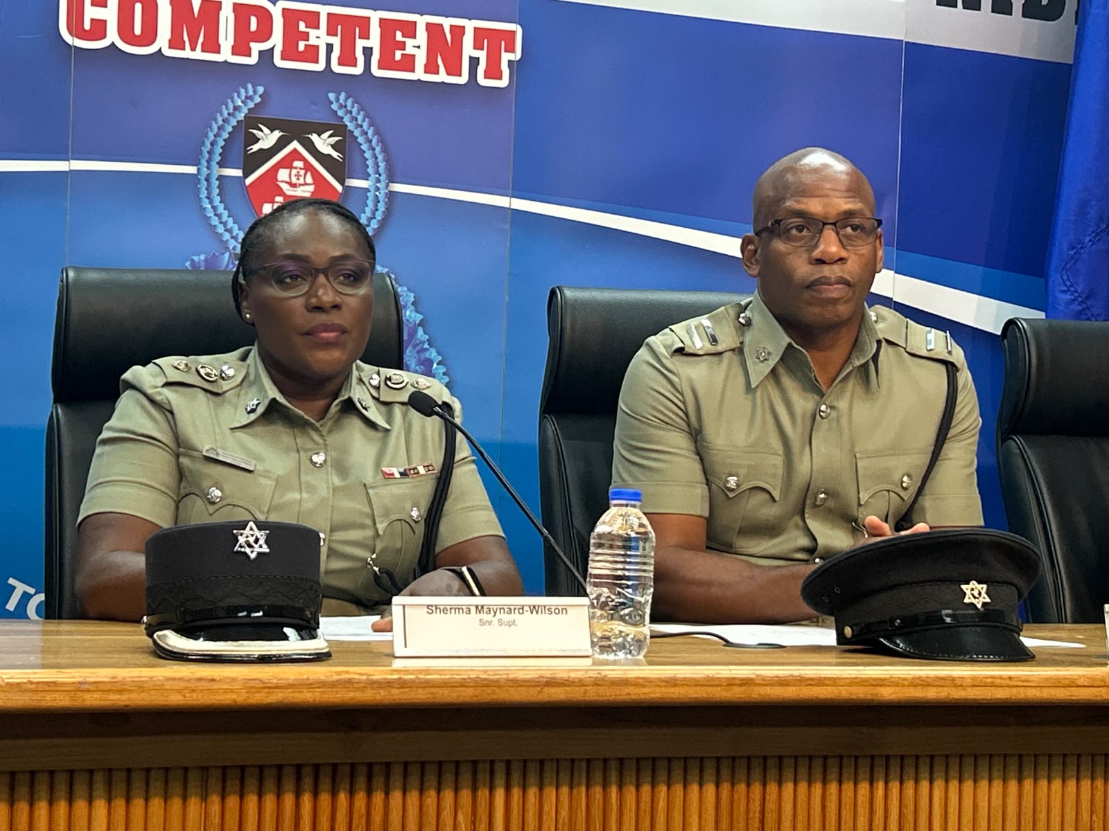 Caption: Northern Division Commander Senior Superintendent Sherma Maynard-Wilson and Superintendent Steve McKenzie say there has been a significant drop in reported serious crimes in the Northern Division. AZP News/Alicia Chamely